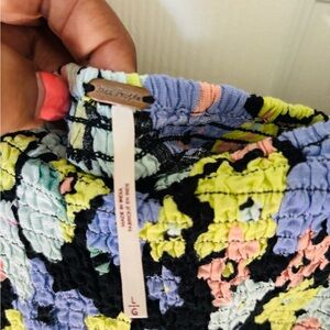 Free People Yellow and Blue Smocked Mandarin Collar Blouse